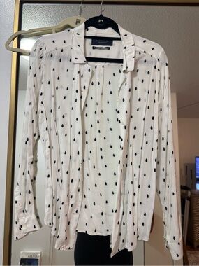White Button-Up Blouse with Black Teardrop Print